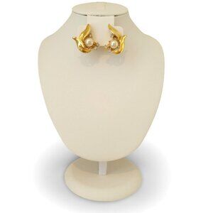 Retro Revival: 1990s Gold Leaf Clip Earrings with Pearls & Sparkle